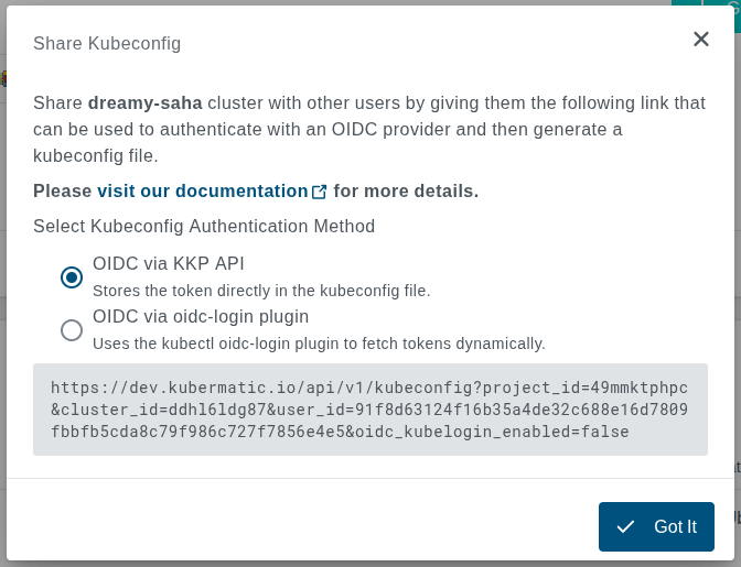 Share cluster dialog