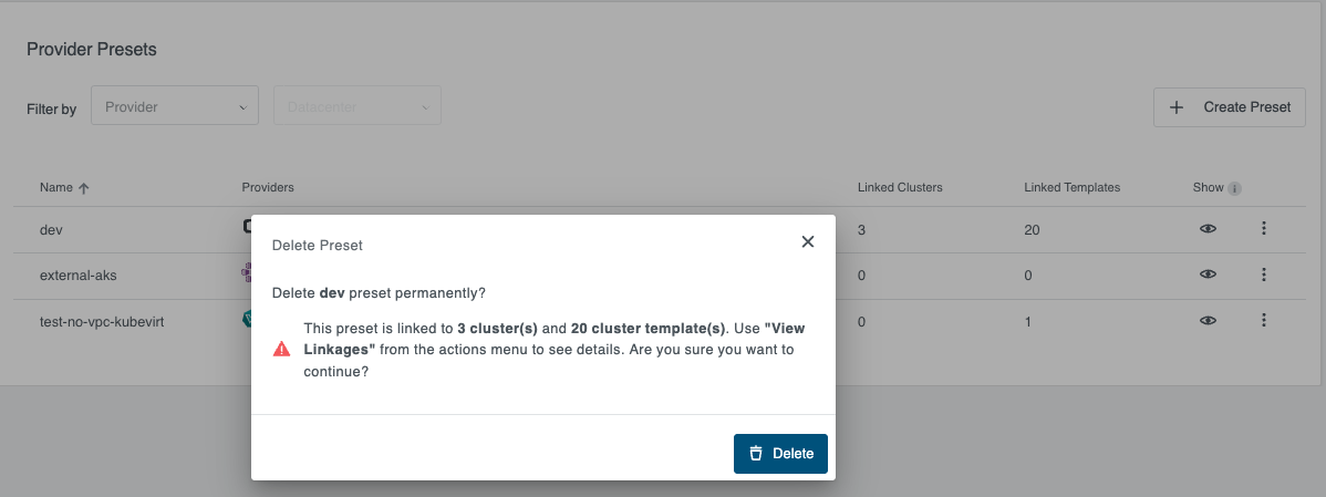 Delete Preset with associations